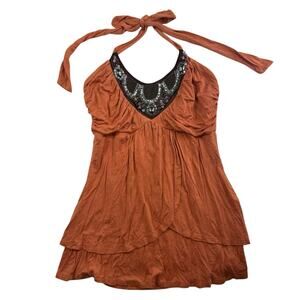 Vtg Y2K M Medium Babydoll Halter Top Embellished Bling 90s Club Party Orange